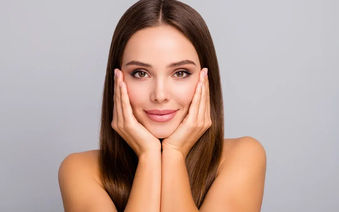 close up portrait of her she nice looking attractive lovely charming feminine confident straight haired girl touching face