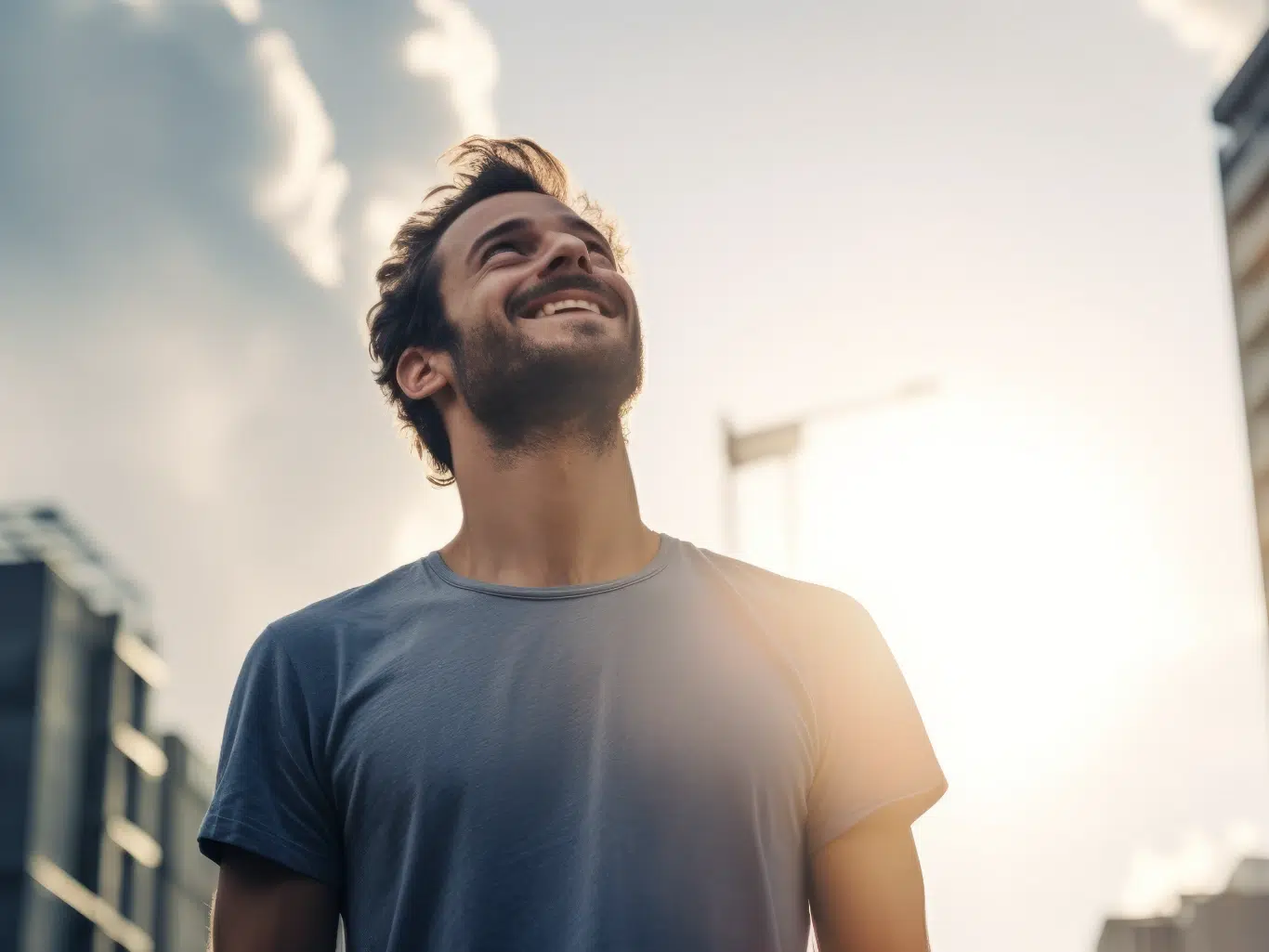 A happy young man looking up at the sky alone in a busy city